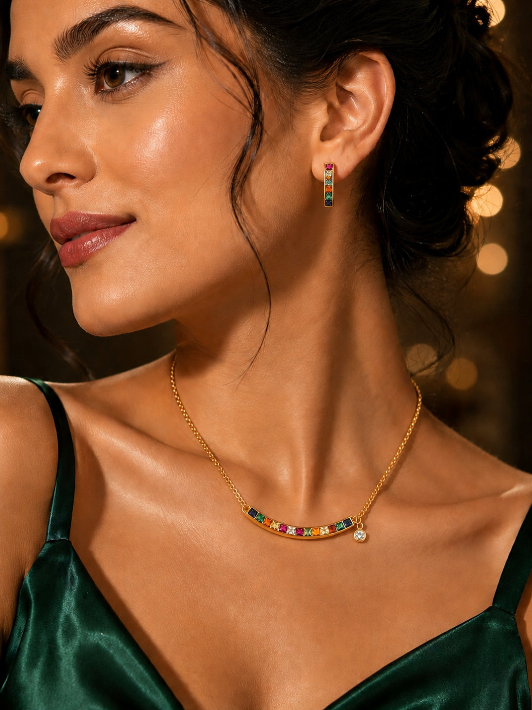 18K Gold Multicolor CZ Slab Stone Necklace Set | Anti Tarnish Jewelry