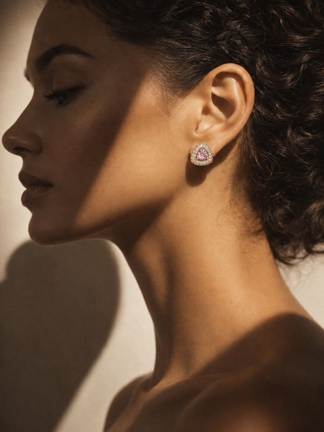 Pink CZ Triangle Stud Earrings in 18K rose Gold | Waterproof & Anti Tarnish