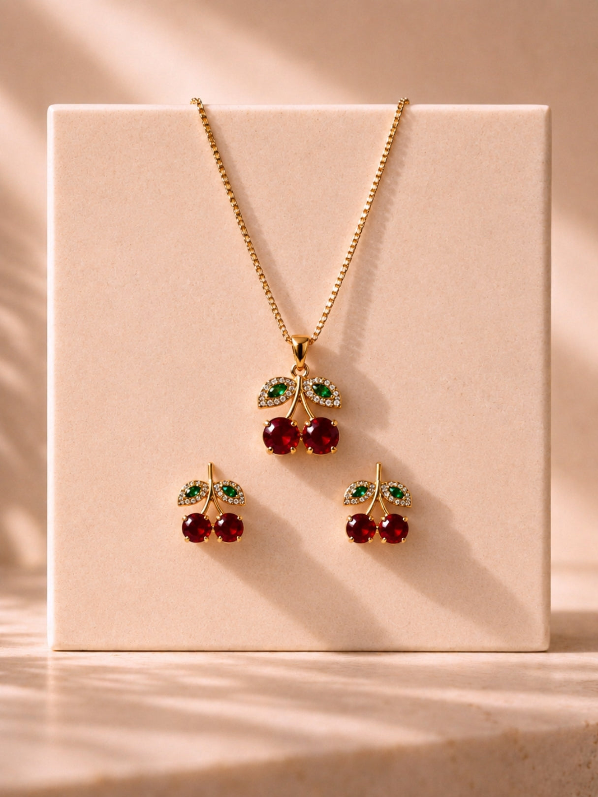 Cherry Moonstone CZ Gold Jewelry Set | Anti Tarnish Necklace & Earrings