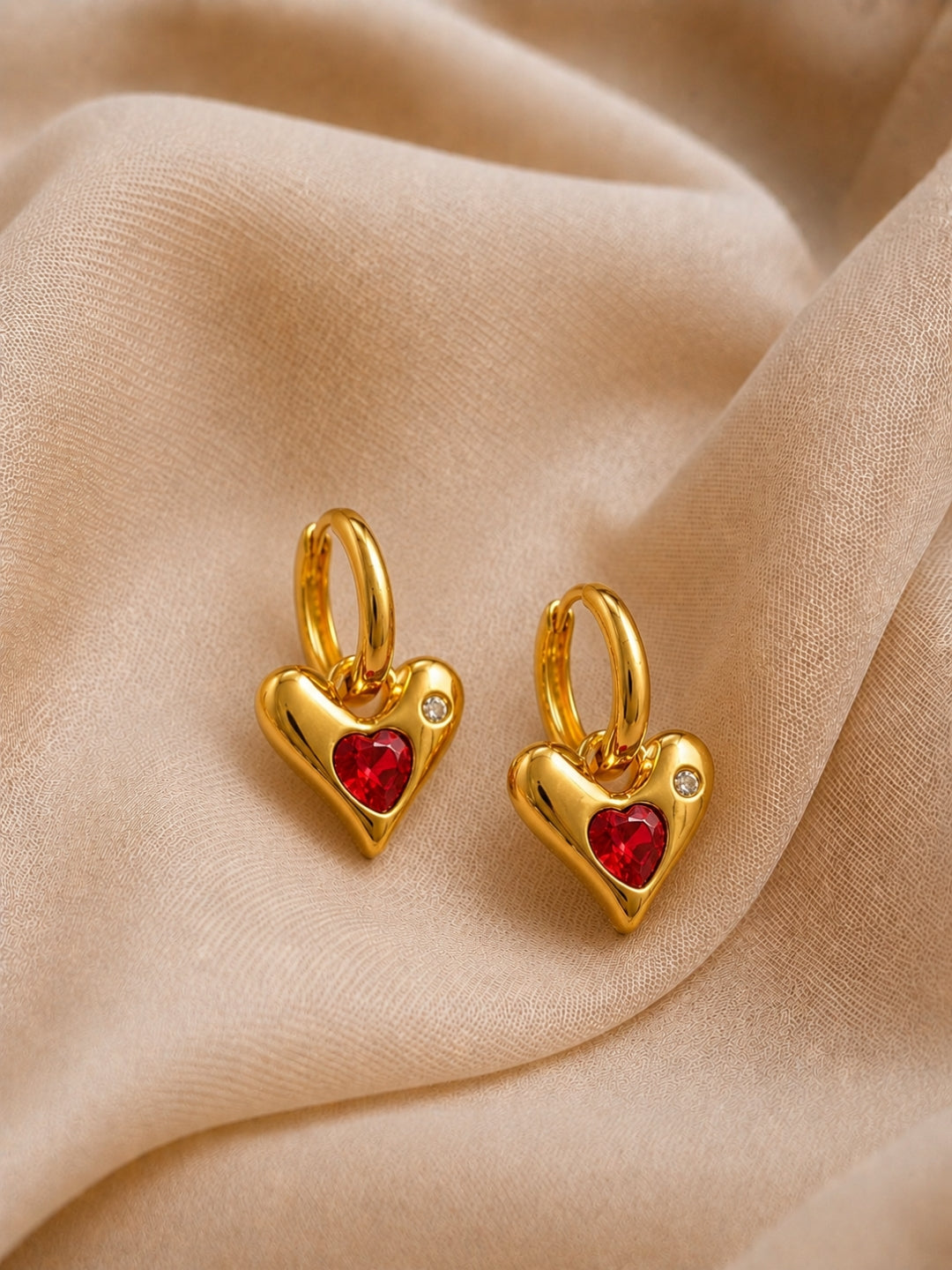 18K Rose Gold Red Heart CZ Hoop Earrings | Anti Tarnish Stainless Steel