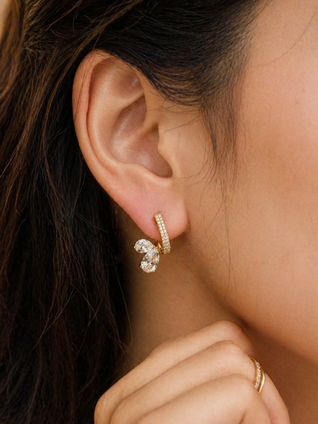Floral Curve CZ Drop Earrings in 18K Rose Gold | Anti Tarnish