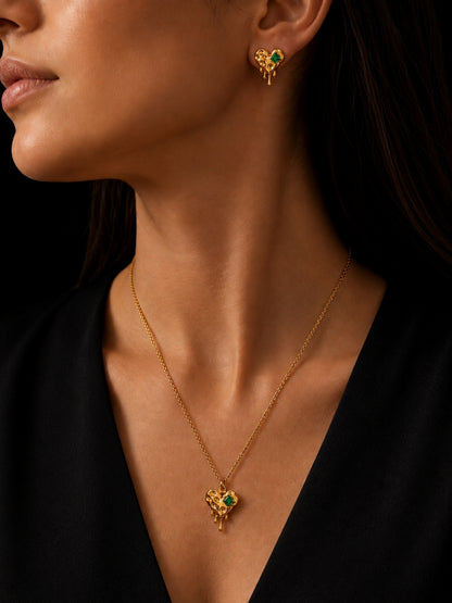 Green Heart Stone Necklace & Earrings Set in 18K Gold Finish