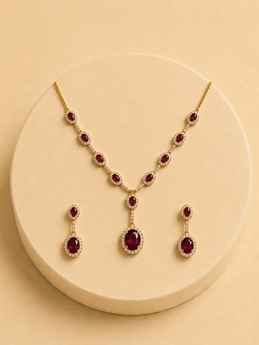 Maroon Classic Drop Necklace Set | 18K Gold CZ Jewelry Set