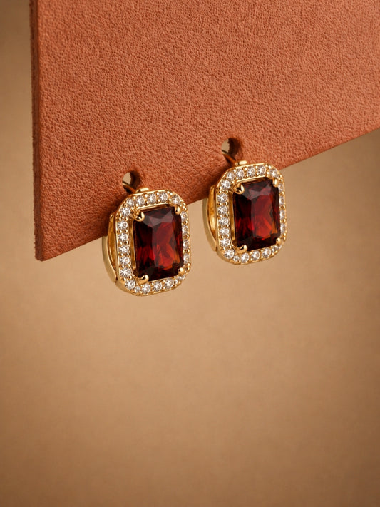 Maroon Princess Cut CZ Hoop Earrings in 18K Rose Gold