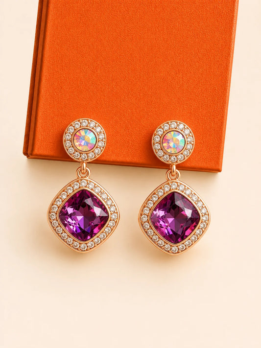 Purple CZ Teardrop Earrings | 18K Rose Gold Plated Stainless Steel