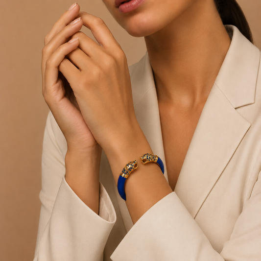 Blue Wolf Enamel Gold Kada Bracelet | Anti Tarnish CZ Bangle