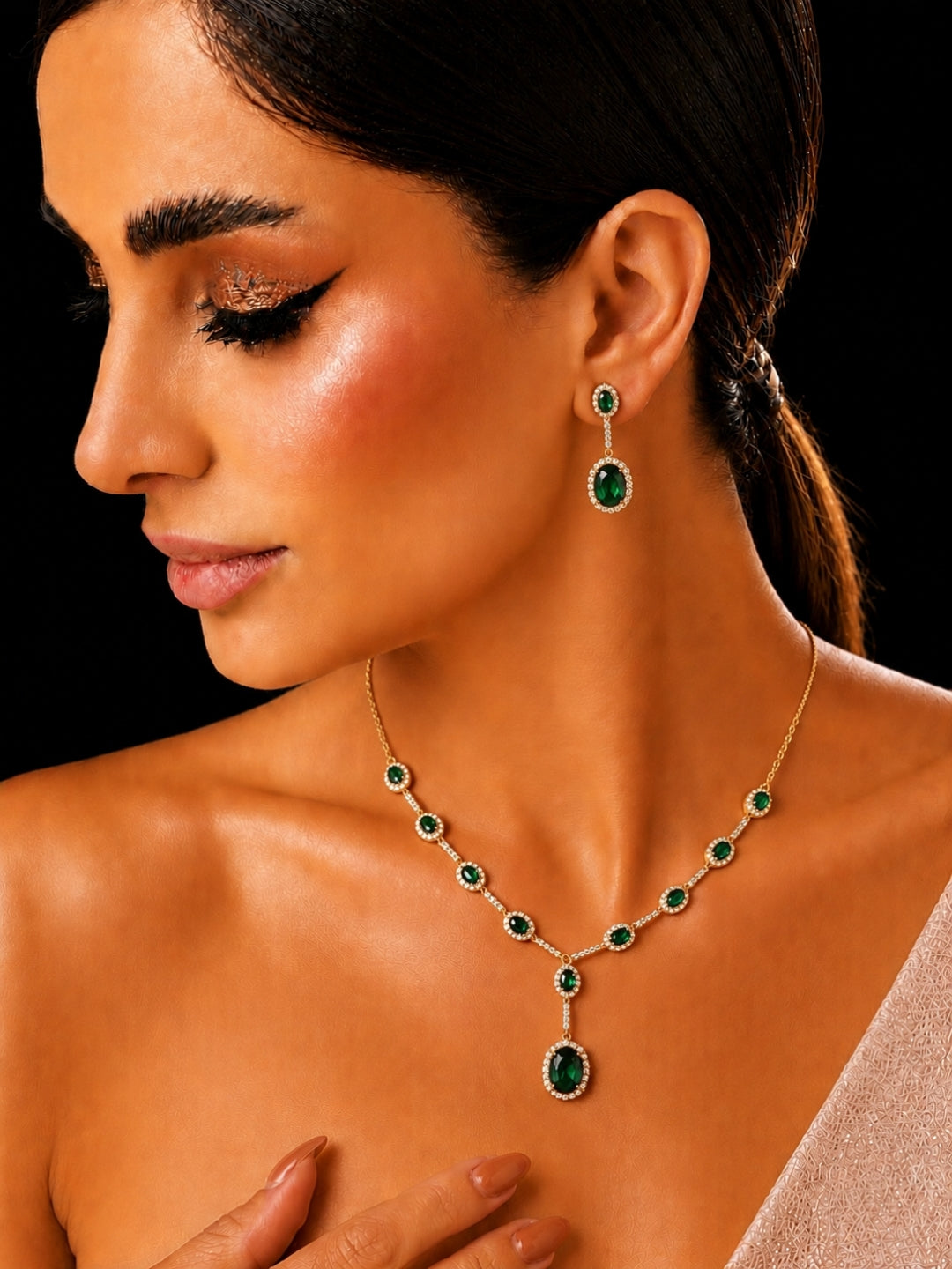 Emerald Classic Drop Necklace Set | 18K Gold CZ Jewelry Set