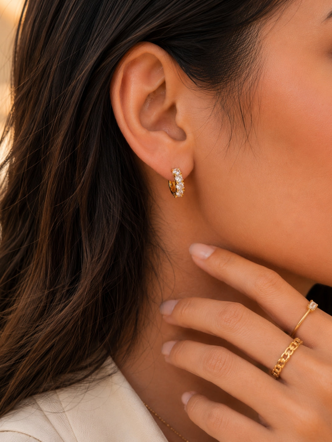 Solitaire CZ Studded Gold Hoops | 18K Gold Plated Small Earrings