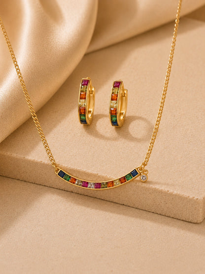 18K Gold Multicolor CZ Slab Stone Necklace Set | Anti Tarnish Jewelry
