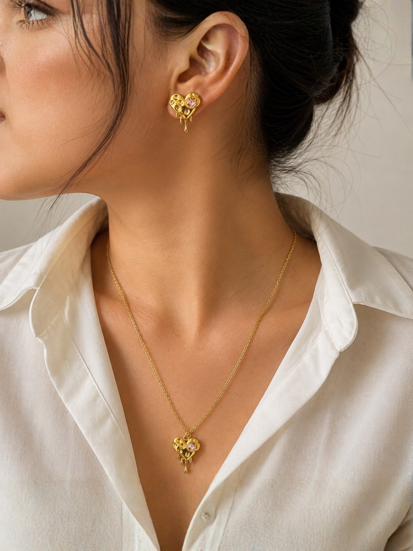 Pink CZ Sculptural Heart Necklace & Earrings Set in 18K Gold