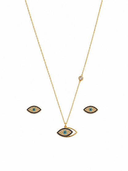 18K Gold Plated Evil Eye CZ Jewelry Set | Anti-Tarnish Necklace & Earrings