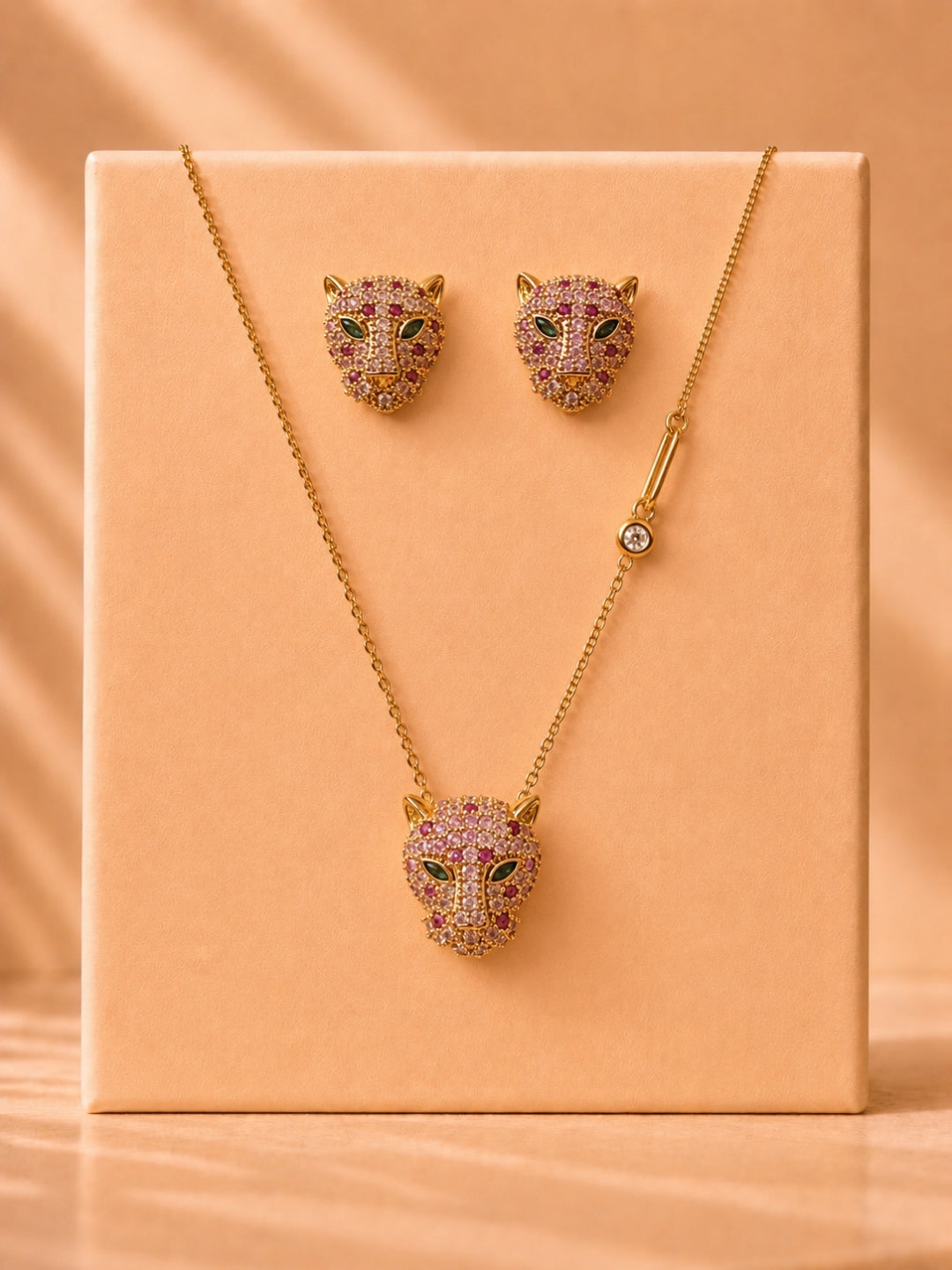 18K Gold  Plated Pink Tiger Eye CZ Jewelry Set | Anti Tarnish Necklace & Earrings