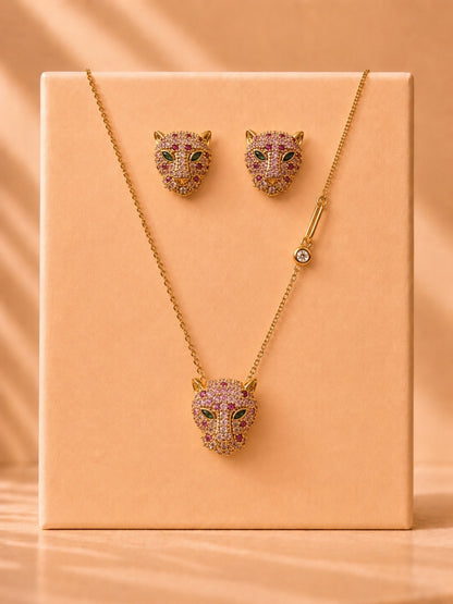 18K Gold  Plated Pink Tiger Eye CZ Jewelry Set | Anti Tarnish Necklace & Earrings