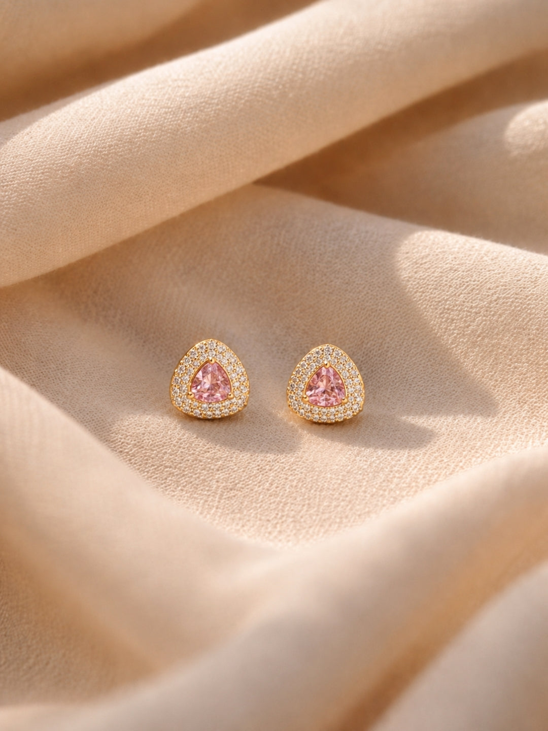 Pink CZ Triangle Stud Earrings in 18K rose Gold | Waterproof & Anti Tarnish