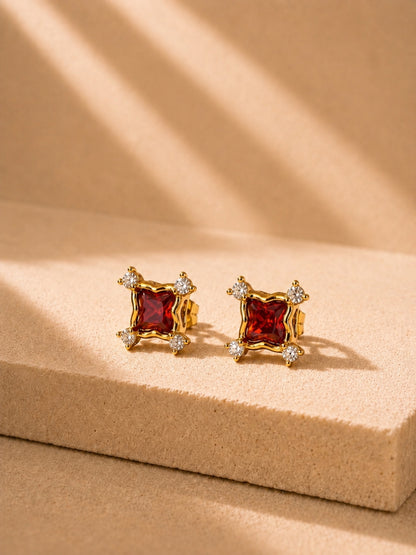 Red CZ Square Stud Earrings in 18K Gold Plated Stainless Steel