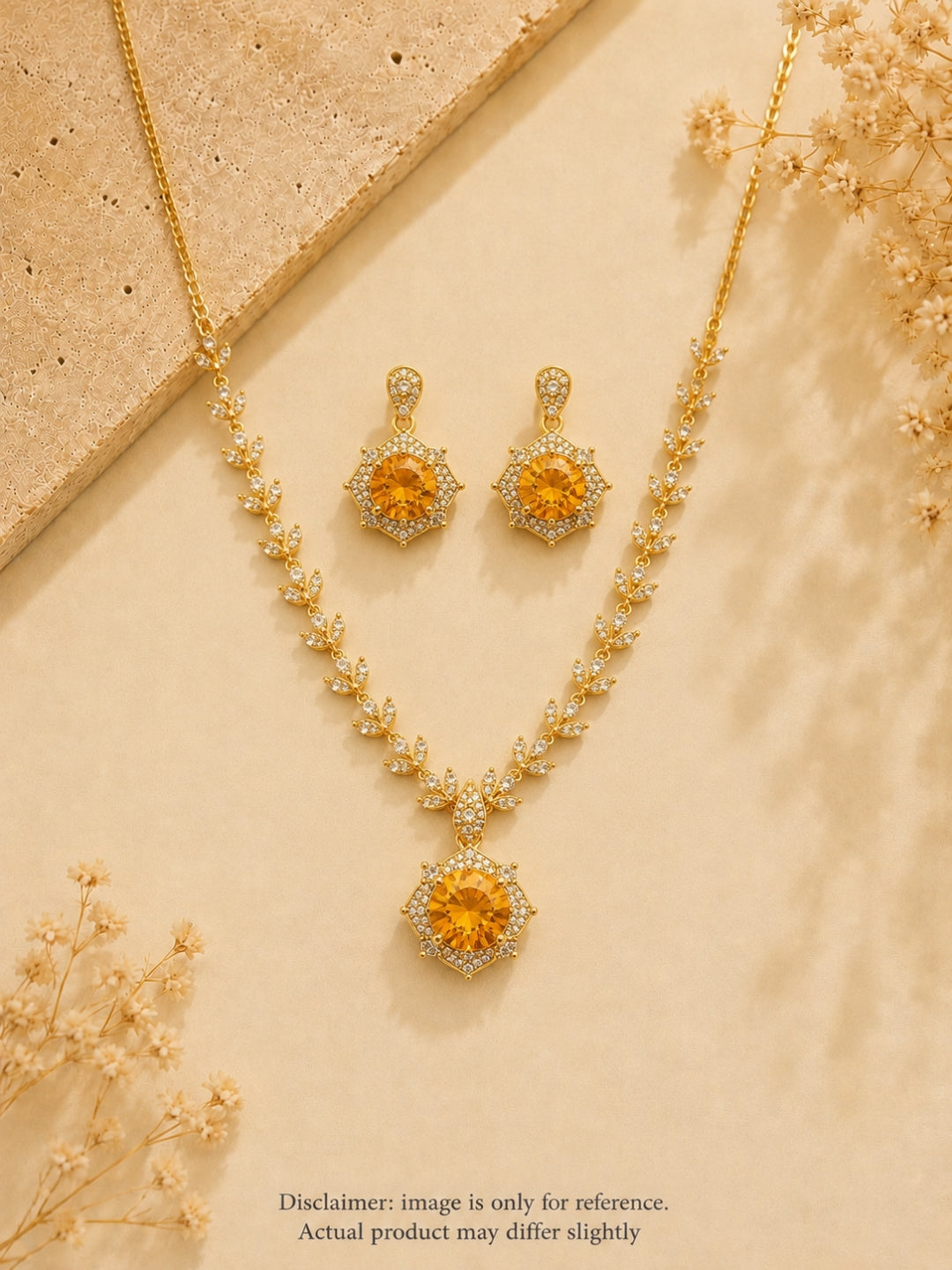 18K Gold Plated Sapphire Floral CZ Jewelry Set | Anti Tarnish Necklace