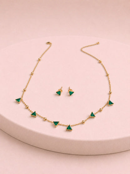 Emerald CZ Triangle Beaded Necklace & Earrings Set in 18K Gold