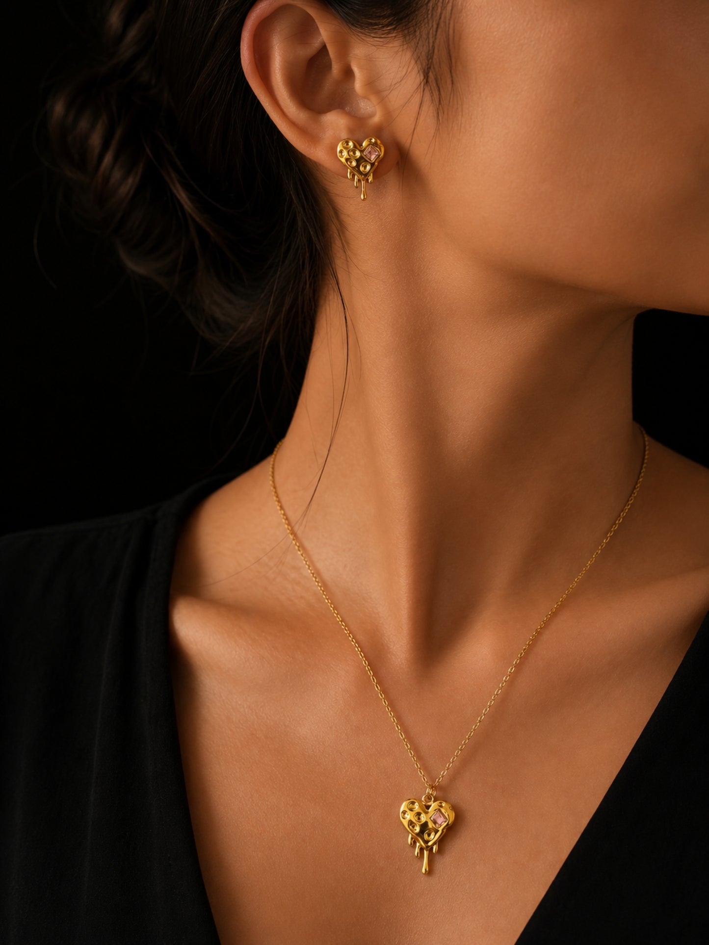 Pink CZ Sculptural Heart Necklace & Earrings Set in 18K Gold