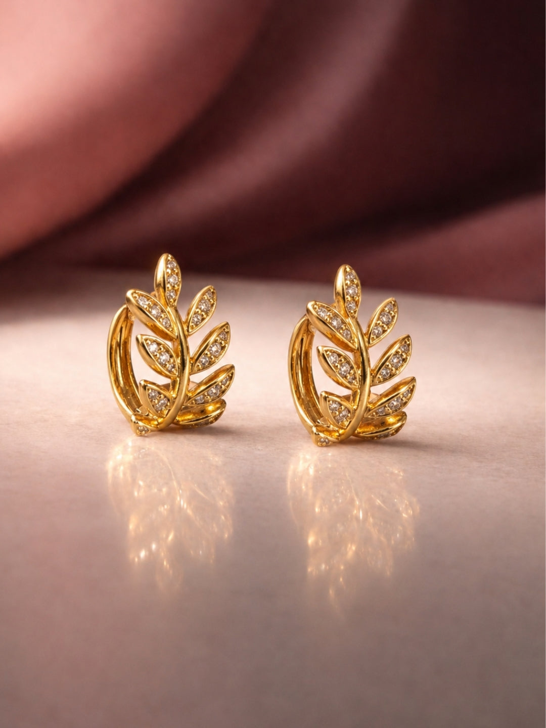 Leaf CZ Studded Mini Hoops Earrings – 18K Gold Plated | Anti Tarnish