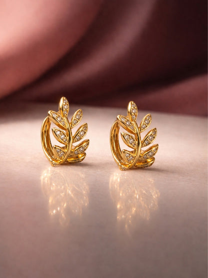Leaf CZ Studded Mini Hoops Earrings – 18K Gold Plated | Anti Tarnish