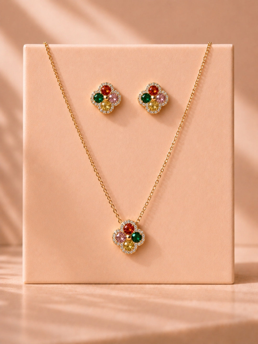 Multicolor Clover CZ Jewelry Set – 18K Gold Plated Necklace & Earrings