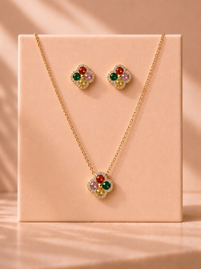 Multicolor Clover CZ Jewelry Set – 18K Gold Plated Necklace & Earrings