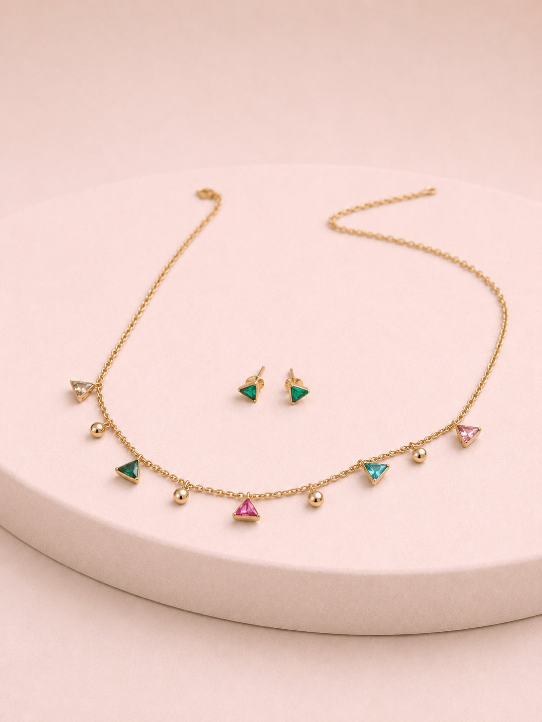 Multi Triangle Beaded CZ Jewellery Set in 18K Gold Plating