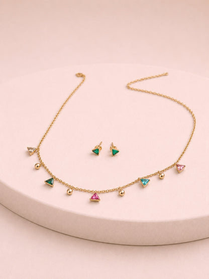 Multi Triangle Beaded CZ Jewellery Set in 18K Gold Plating