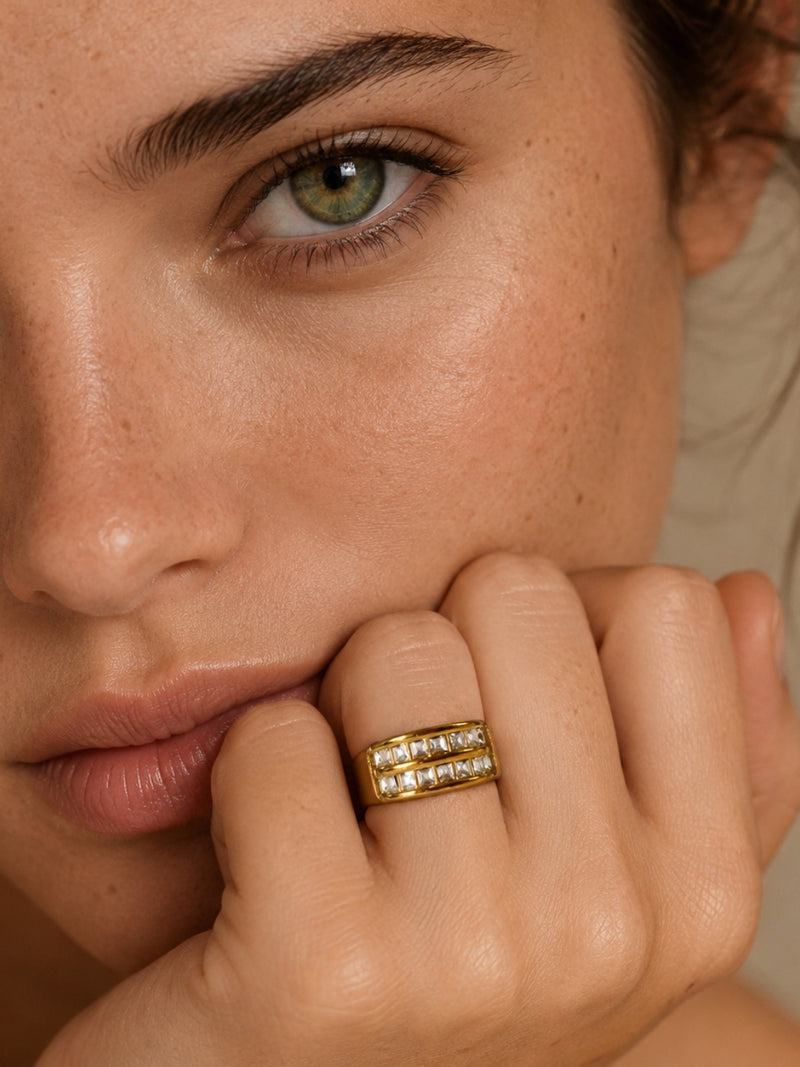 Double Row CZ Chunky Ring | 18K Gold Plated Stainless Steel