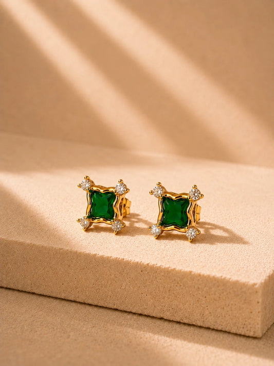 Emerald Green CZ Square Stud Earrings in 18K Gold Plating