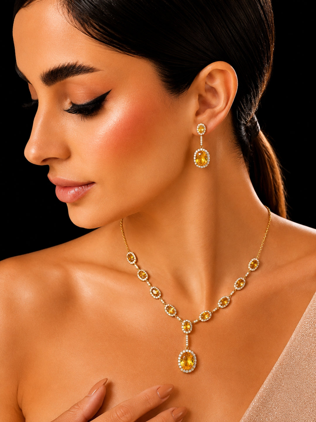 Sapphire Classic Drop Necklace Set | 18K Gold CZ Jewelry Set