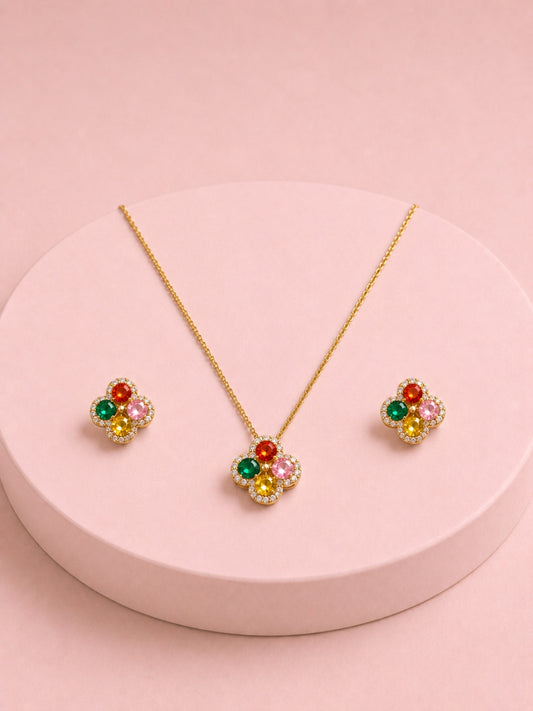 Multicolor Clover CZ Jewelry Set – 18K Gold Plated Necklace & Earrings