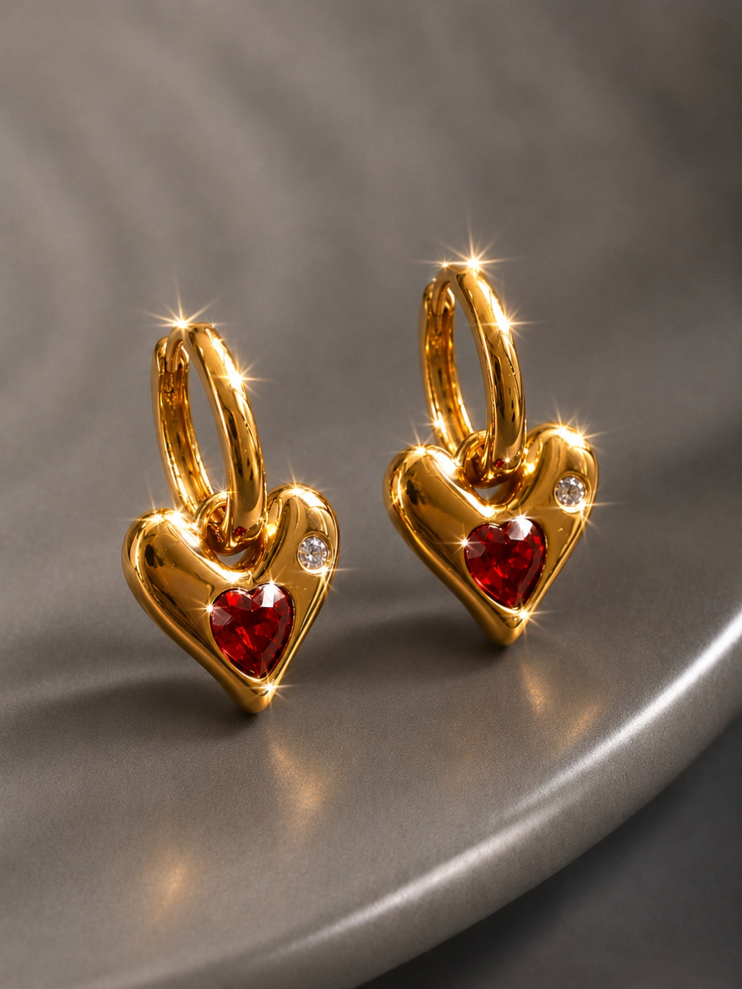 18K Rose Gold Red Heart CZ Hoop Earrings | Anti Tarnish Stainless Steel