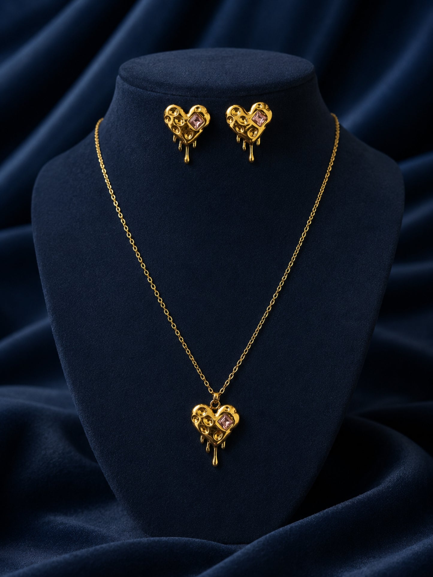 Pink CZ Sculptural Heart Necklace & Earrings Set in 18K Gold
