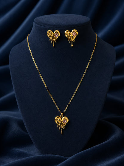 Pink CZ Sculptural Heart Necklace & Earrings Set in 18K Gold