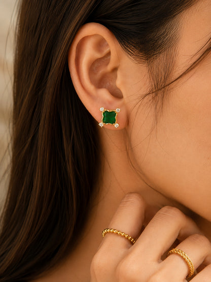 Emerald Green CZ Square Stud Earrings in 18K Gold Plating