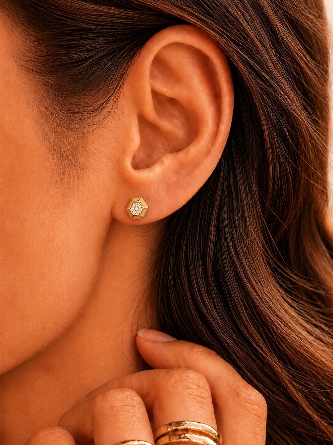 18K Gold Hexagon CZ Stud Earrings | Anti Tarnish Everyday Studs