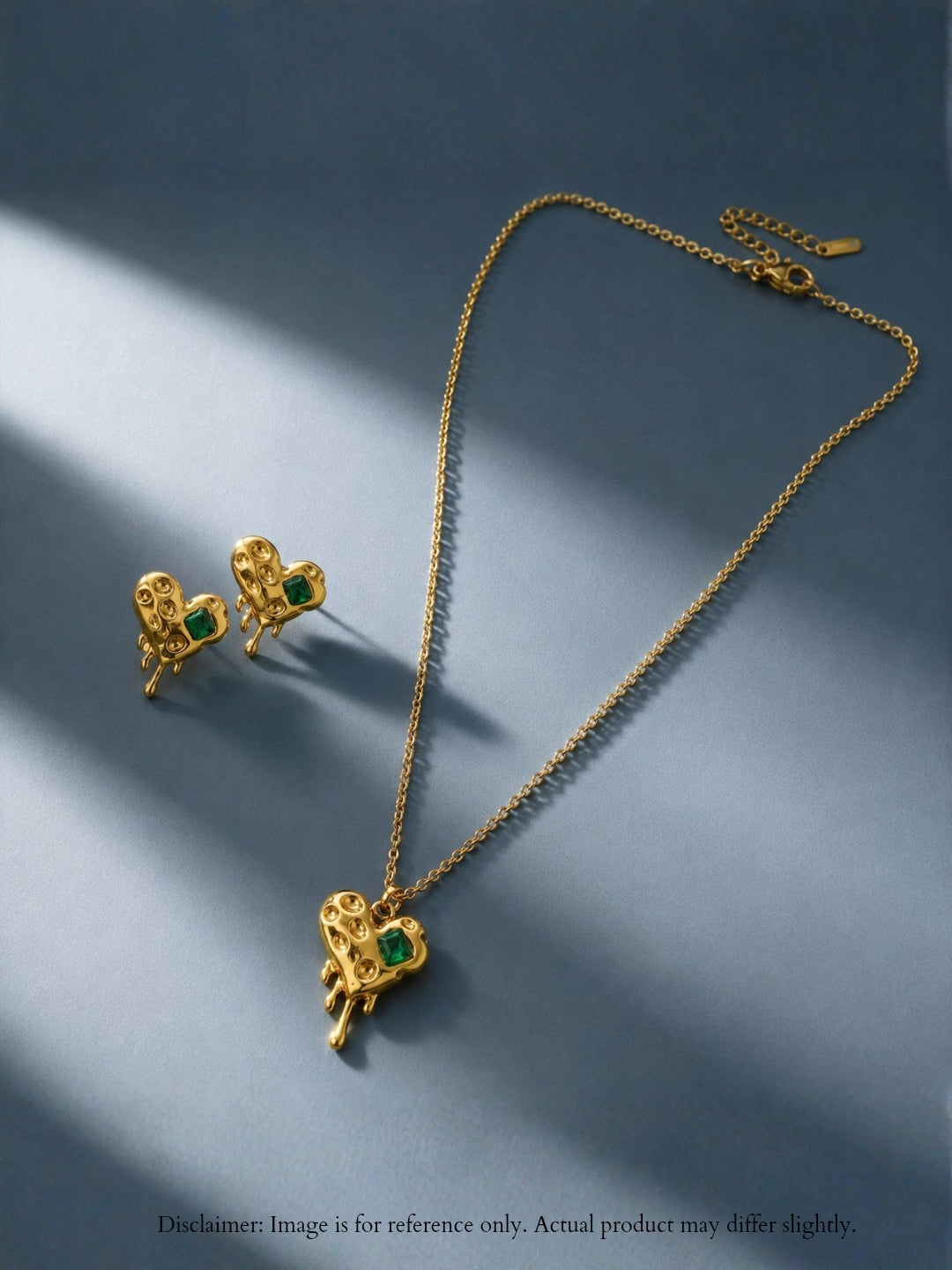 Green Heart Stone Necklace & Earrings Set in 18K Gold Finish