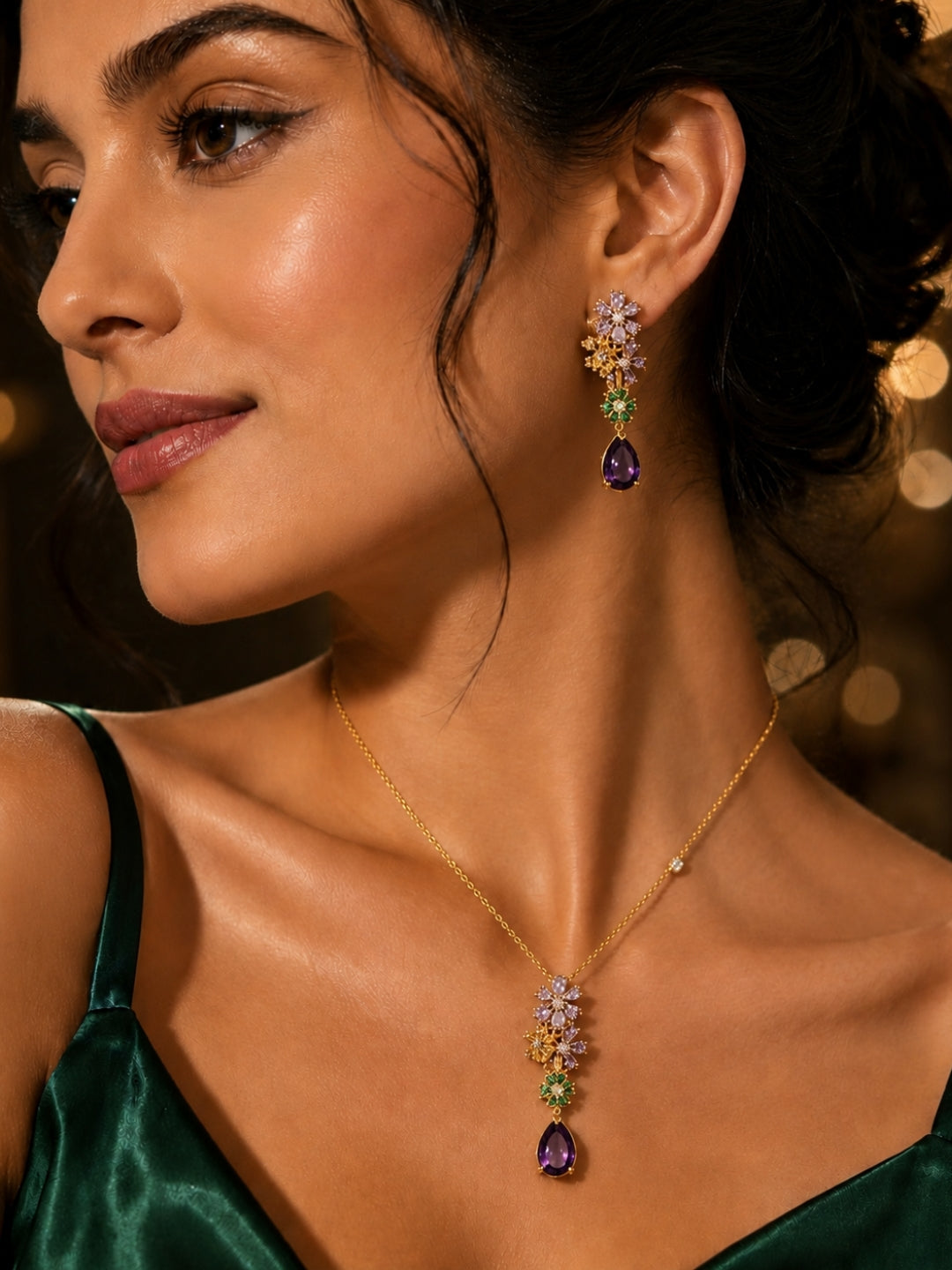 Purple Floral Drop Necklace & Earrings Set | 18K Gold Plated CZ