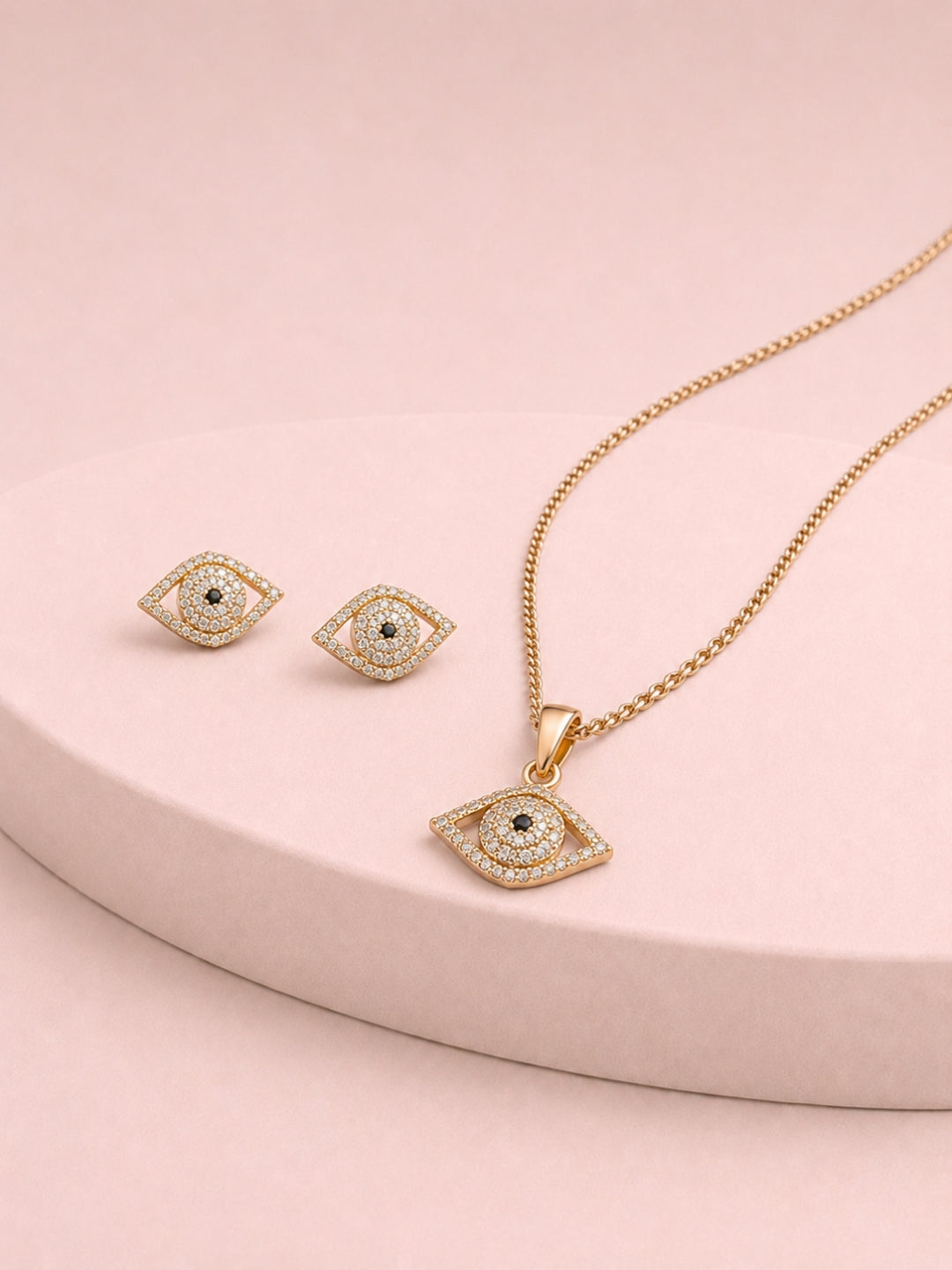 Evil Eye CZ Gold Plated Necklace & Stud Earrings Set for Women