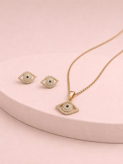Evil Eye CZ Gold Plated Necklace & Stud Earrings Set for Women