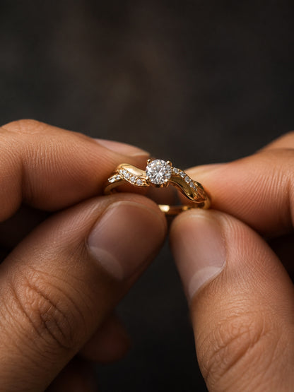 Single Solitaire Curve Studded Ring – 18K Rose Gold CZ Ring