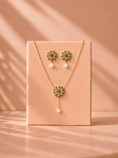 Green Ruby & Pearl Floral CZ Necklace Set | 18K Gold Plated Jewelry