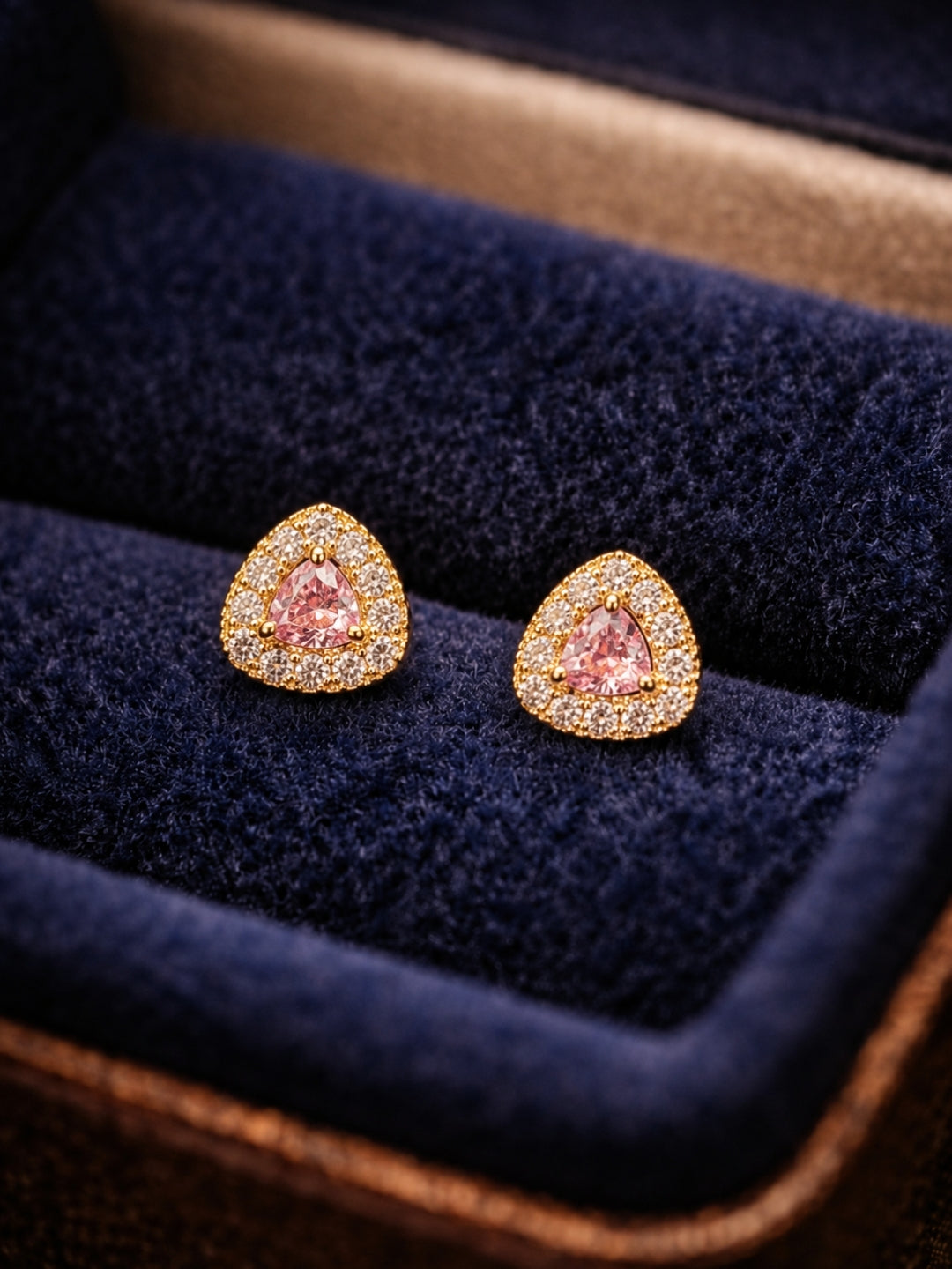 Pink CZ Triangle Stud Earrings in 18K rose Gold | Waterproof & Anti Tarnish