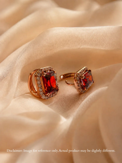 Maroon Princess Cut CZ Hoop Earrings in 18K Rose Gold