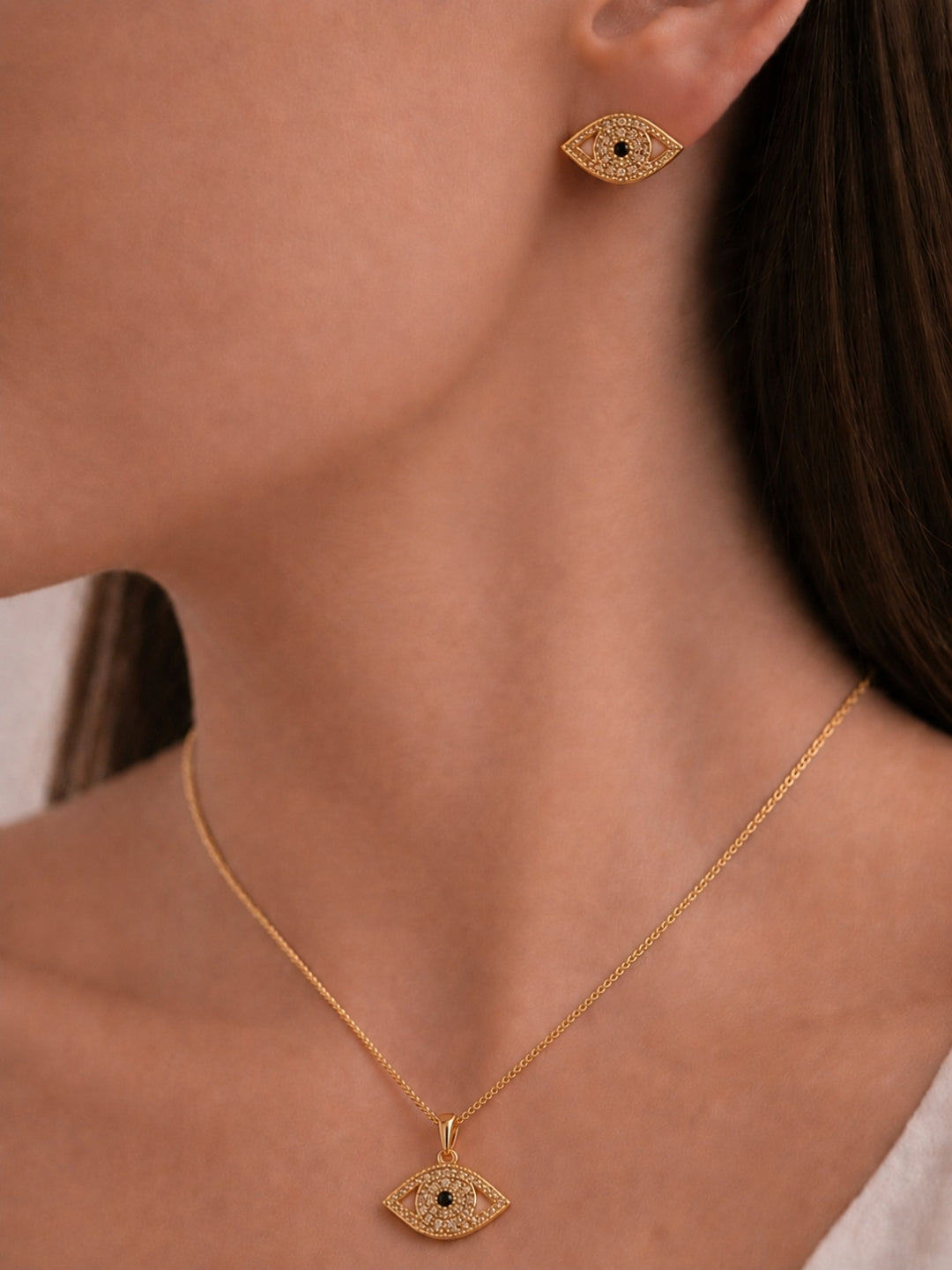 Evil Eye CZ Gold Plated Necklace & Stud Earrings Set for Women