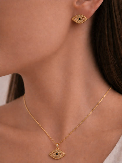 Evil Eye CZ Gold Plated Necklace & Stud Earrings Set for Women