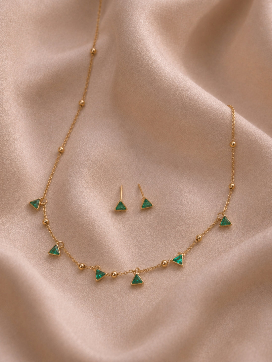 Emerald CZ Triangle Beaded Necklace & Earrings Set in 18K Gold