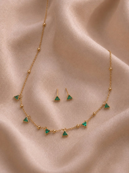 Emerald CZ Triangle Beaded Necklace & Earrings Set in 18K Gold