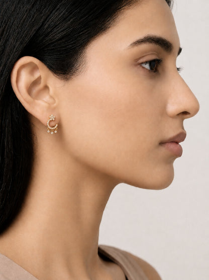 Floral Moon Hanging Stud Earrings – 18KT Rose Gold CZ